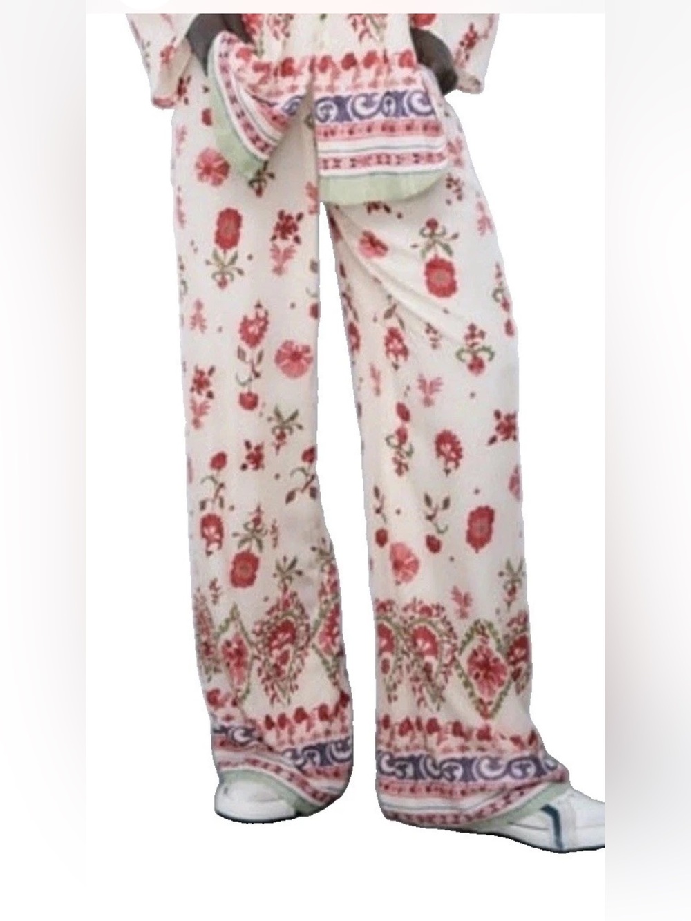 Zara Pants L Floral Wide Leg Boho Women’s Pink White Palazzo Flowing